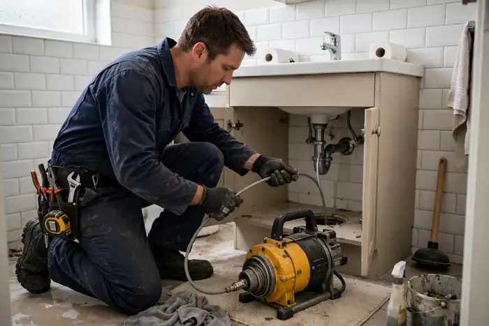Plumber clearing a clogged drain with a professional drain machine