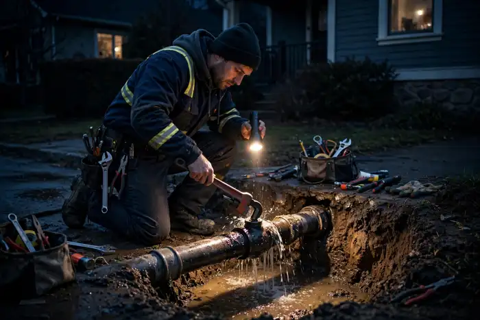 Plumber responding to a burst pipe emergency