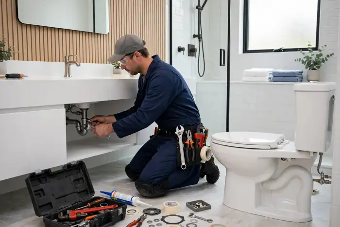 Plumber installing a new bathroom faucet