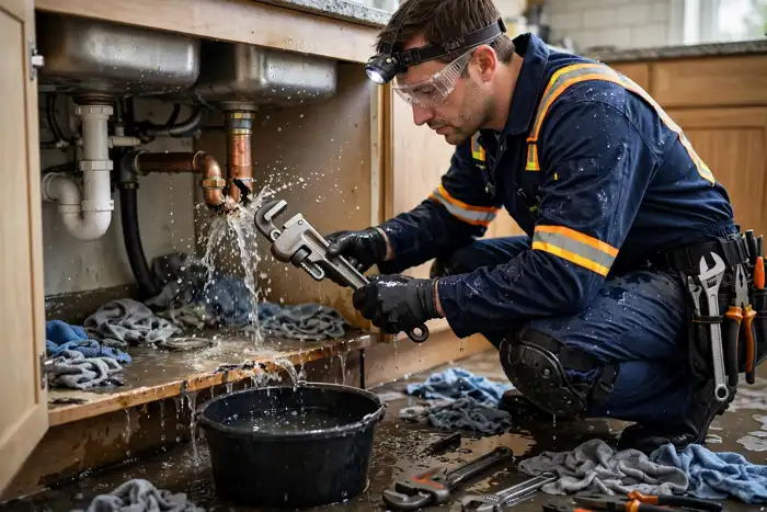Plumber at a kitchen sink repair, tools and work light