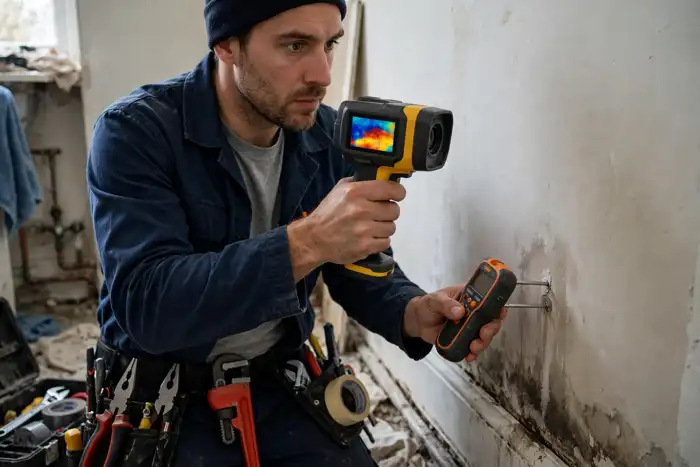 Plumber using leak detection equipment near a residential water line