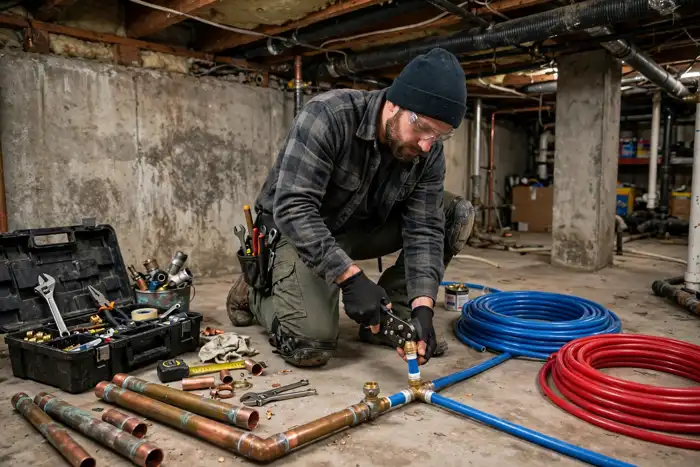 Plumber replacing old pipes with new piping