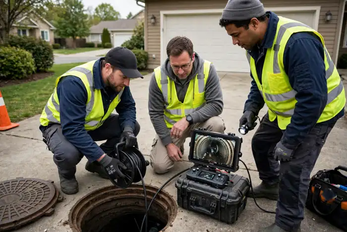 Plumber inspecting a sewer line with a camera