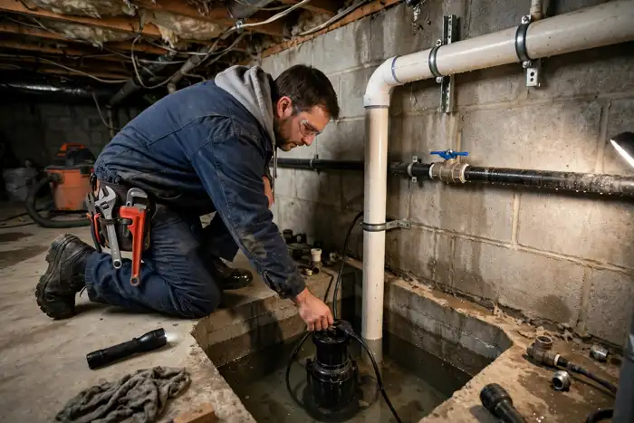 Plumber servicing a residential sump pump