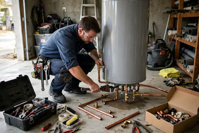 Plumber installing a new residential water heater